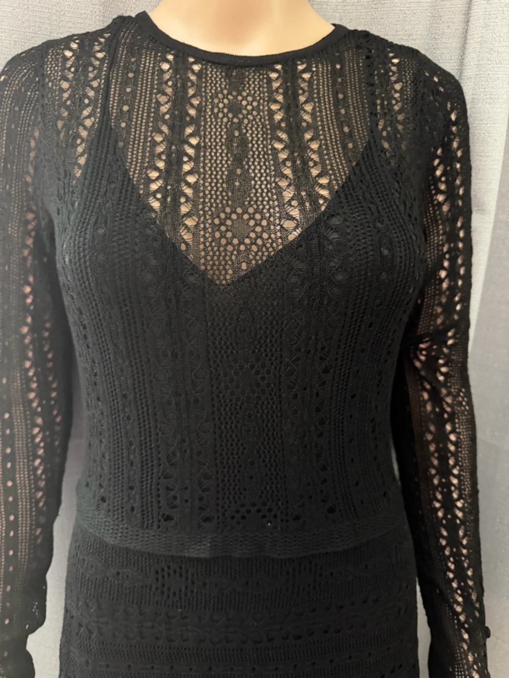 ZARA Black Lace Long Sleeve Midi Dress with Sheer Yoke - Picture 5 of 8